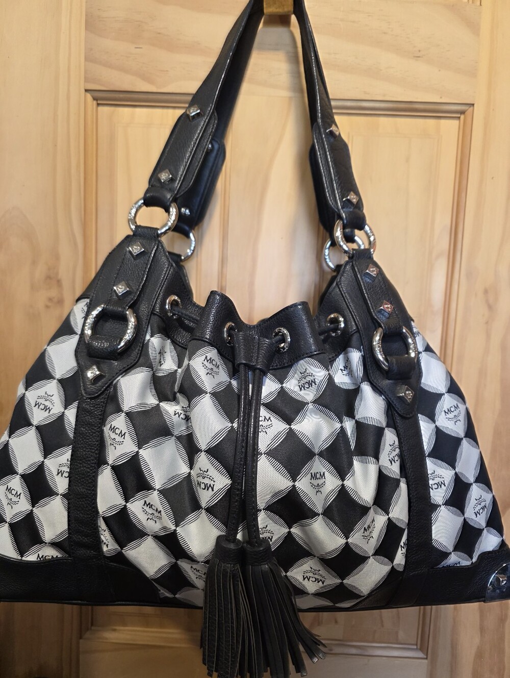 MCM Black & White Drawstring Tassel Shoulder Bag